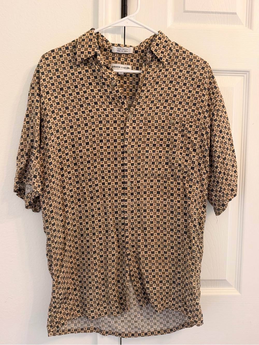Pierre Cardin Beige and Black Geometric Short-Sleeve Button-Down Shirt
